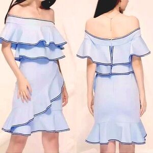 ANTHROPOLOGIE GRACIA Off Shoulder Ruffle Dress Light Blue Trimmed in B/W